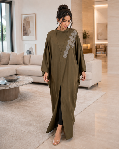 Army Green Handwork Abaya with Top and Pant