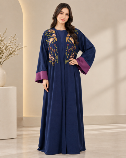 Navy Exquisite Handwork Abaya with Matching Inner and Hijab (Poka Fabric)