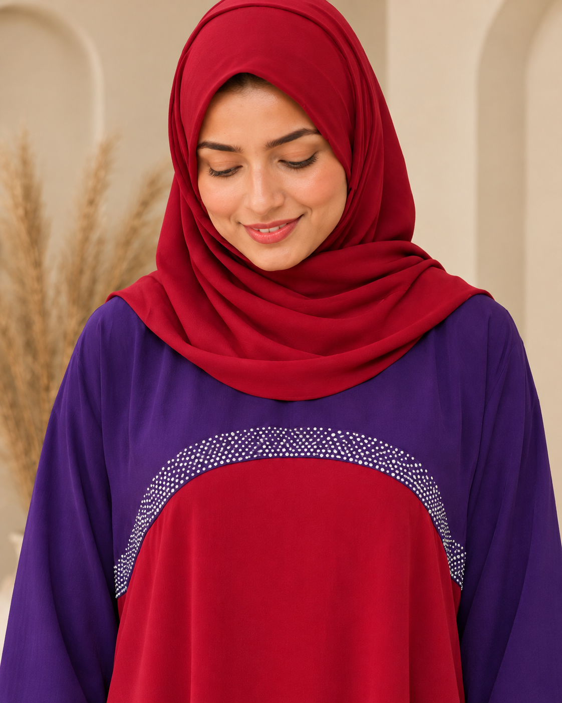 Tricolor Poka Fabric Dress Abaya with Stone Work and Lace Fringe