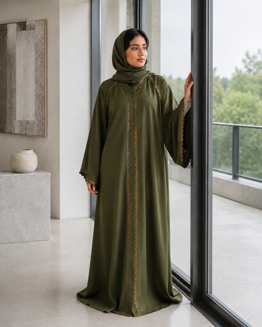 Sophisticated Olive Green Embellished Abaya