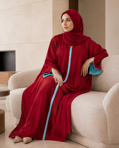 Red Maroon Moroccan Kaftan with Sky Blue Lining in Poka Fabric