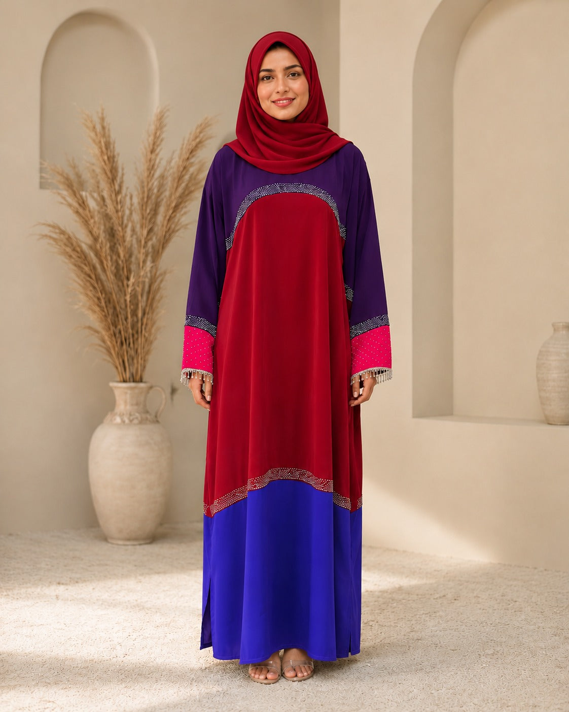 Tricolor Poka Fabric Dress Abaya with Stone Work and Lace Fringe