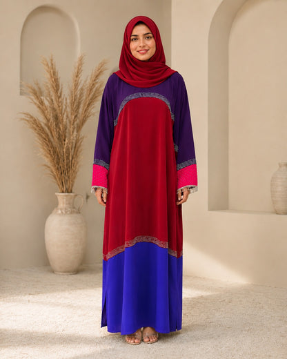 Tricolor Poka Fabric Dress Abaya with Stone Work and Lace Fringe