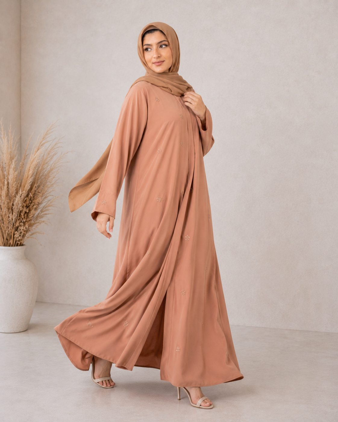Serene Nude Abaya: Floral Crystal Embellished Edition