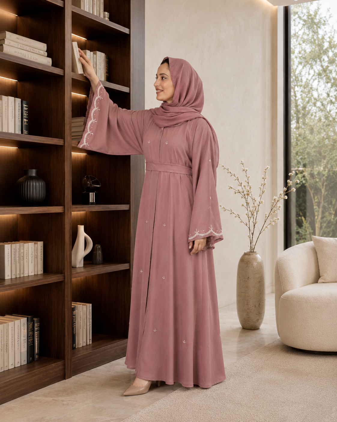 Mauve Umbrella-Cut Embellished Abaya Set (3-Piece)