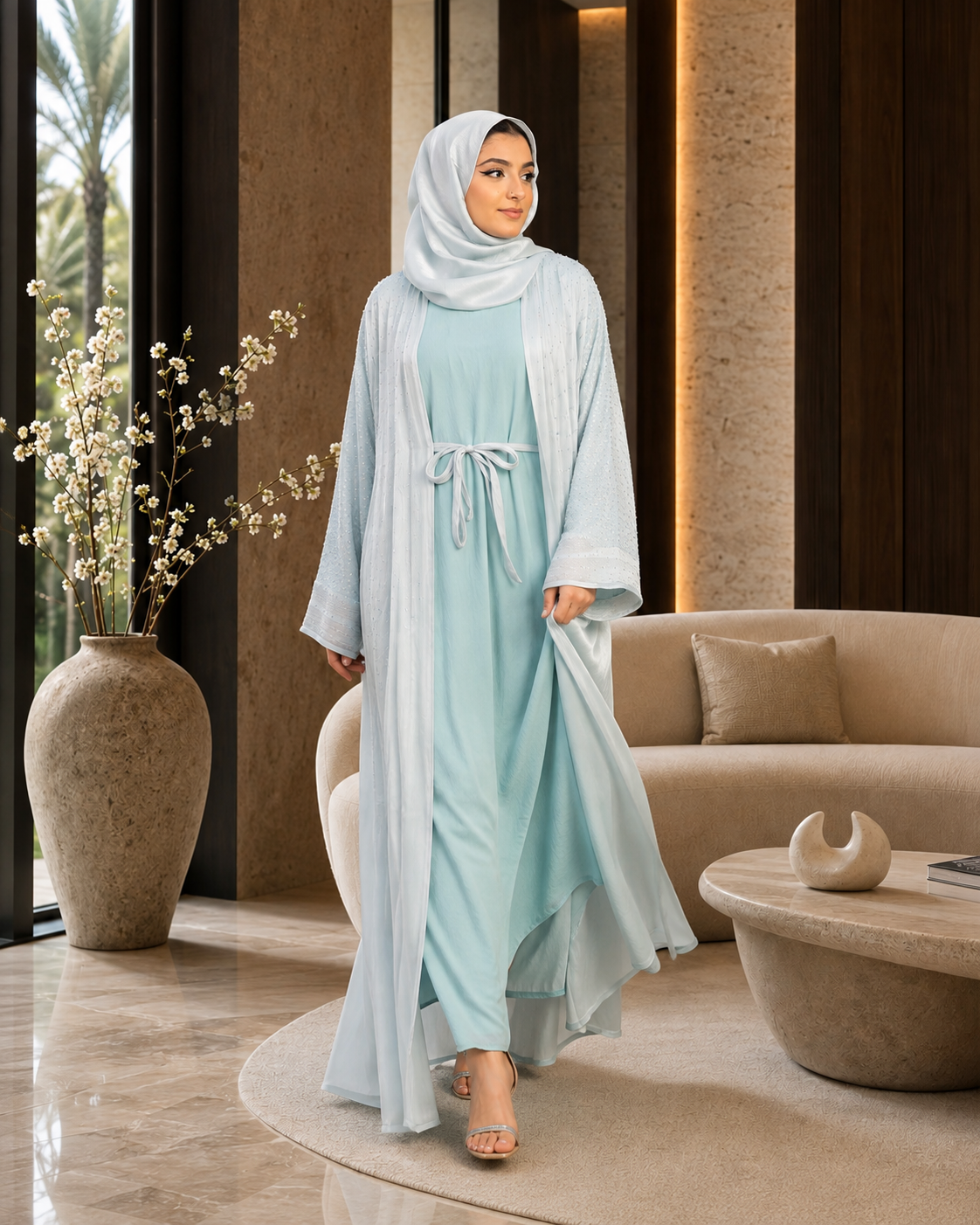 Light Pastel Blue Farasha-Style Flowy Abaya Set