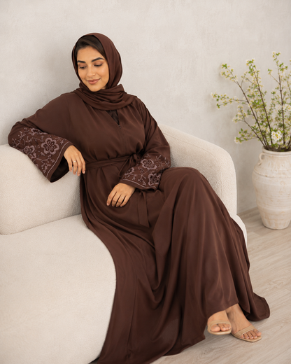 Dazzling Deep Brown Open-Front Abaya with Embroidered Sleeves & Belt