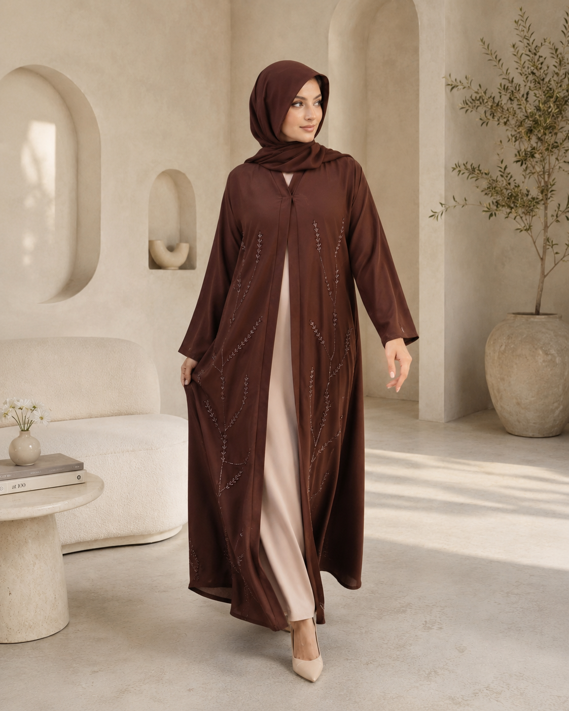 Chocolate Truffle Leafy Vine Abaya Set (3-Piece)
