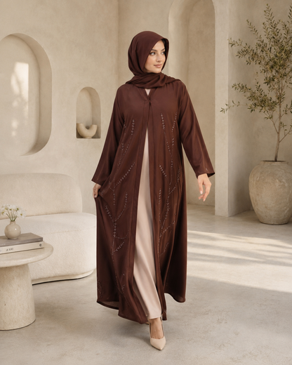 Chocolate Truffle Leafy Vine Abaya Set (3-Piece)