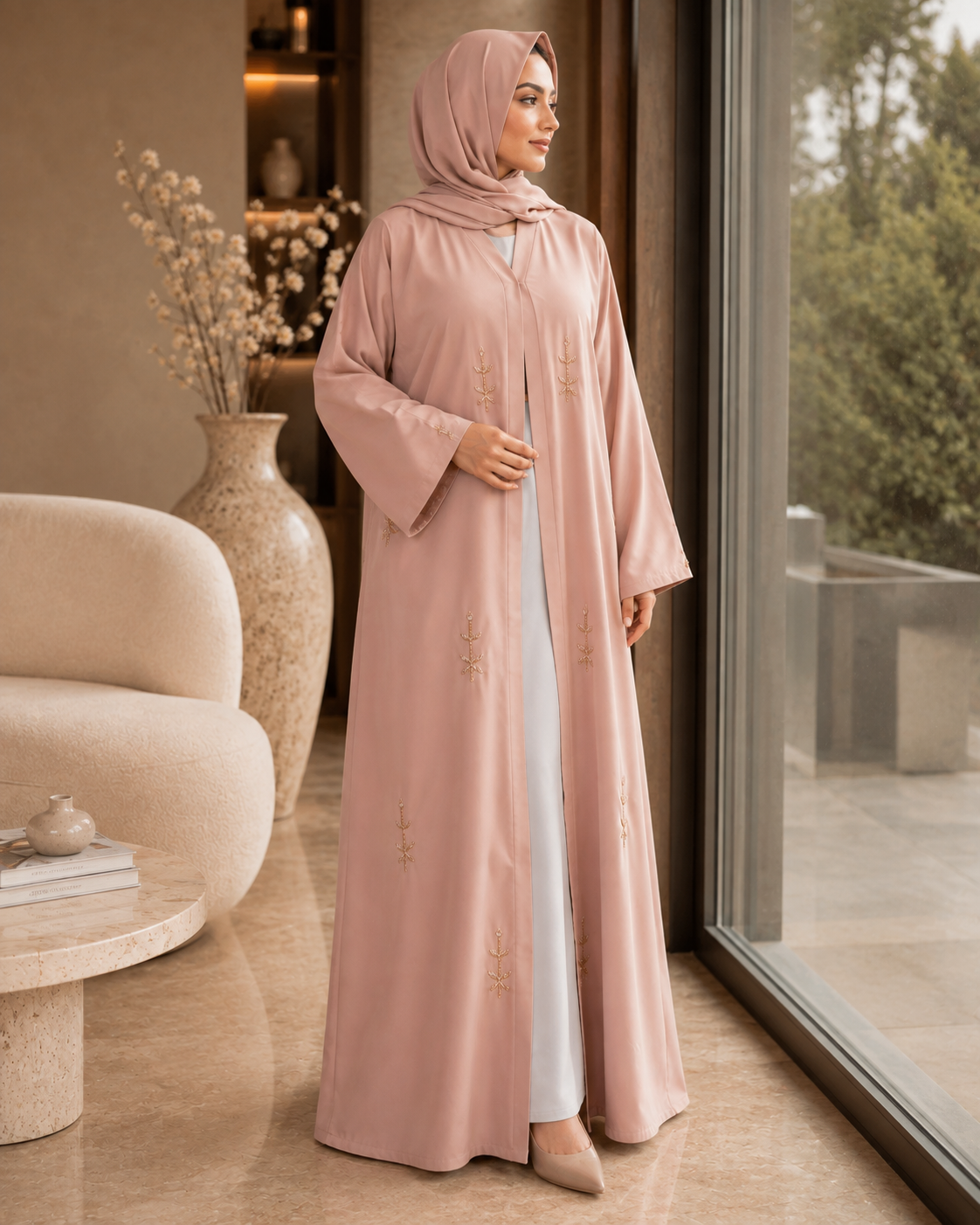 Blush Rose Leafy Embellished Abaya Set (3-Piece)
