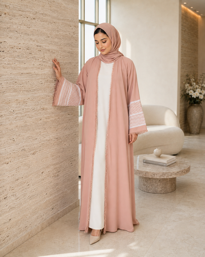 Beautiful Peachy Pink Open-Front Abaya with Fringe Detailing with Keffiyeh Embroidered