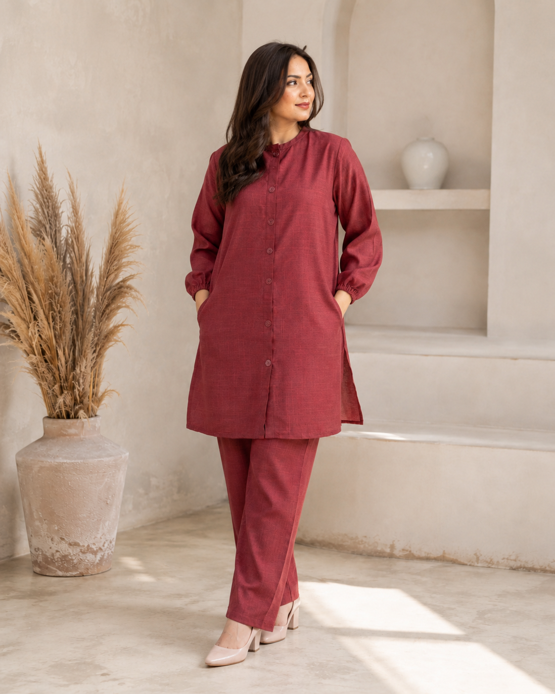 Red-maroon Button Down Two-Piece Set