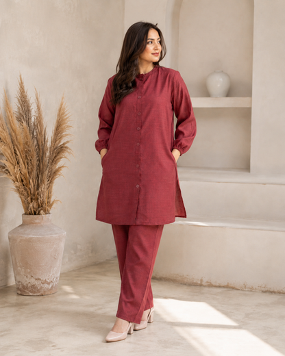 Red-maroon Button Down Two-Piece Set