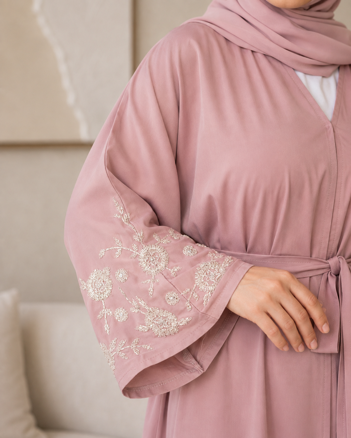 Pink Blush Rose Handwork Abaya Set