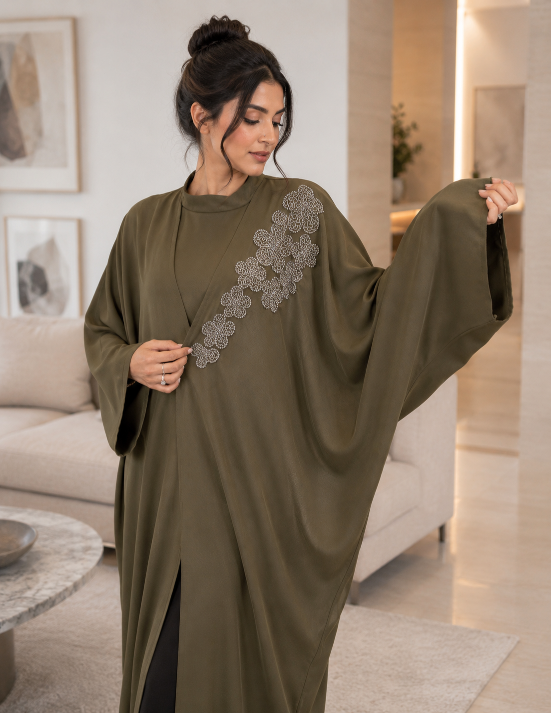 Army Green Handwork Abaya with Top and Pant