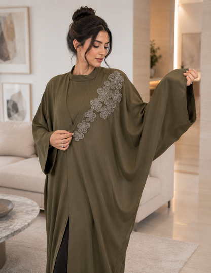 Army Green Handwork Abaya with Top and Pant