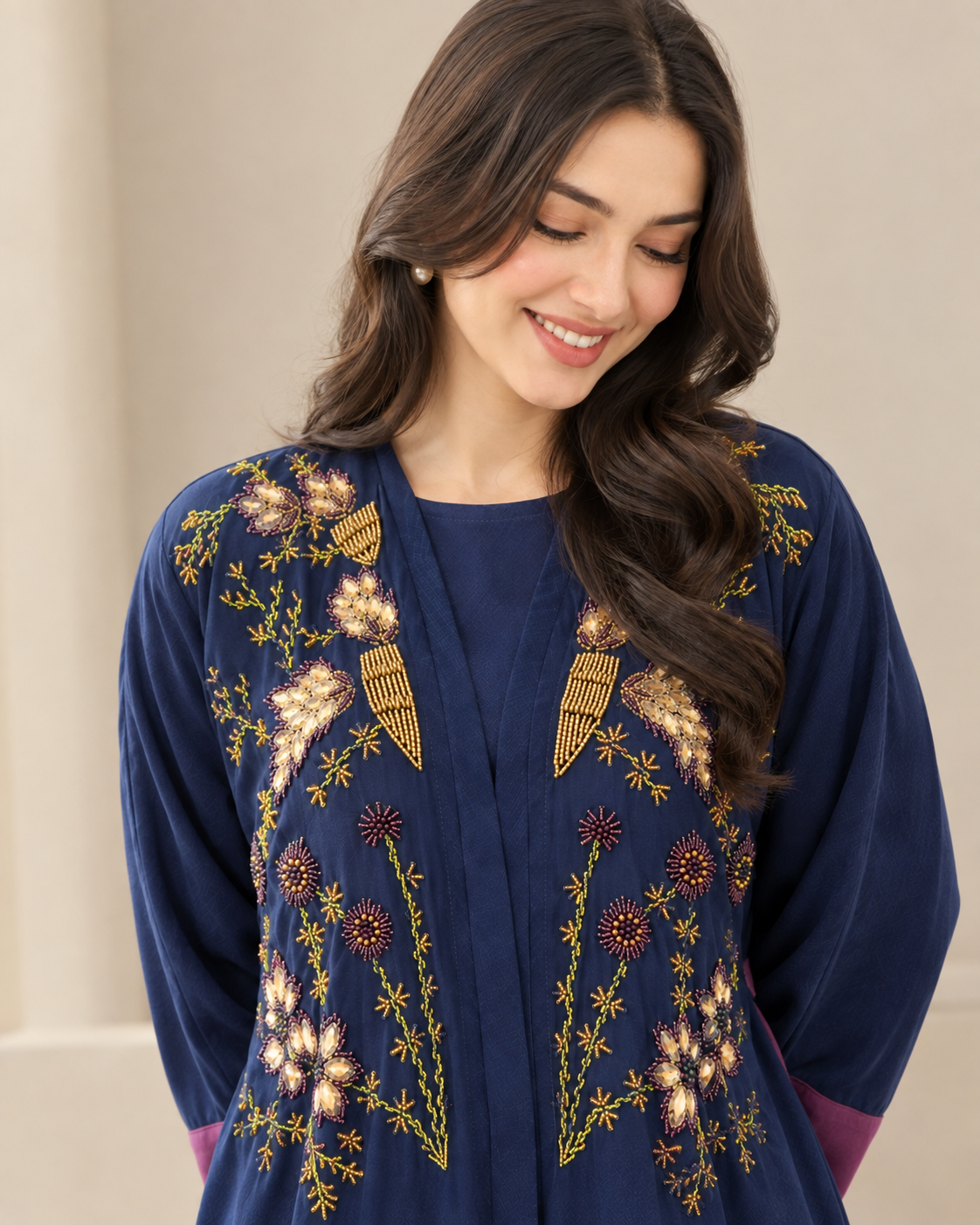 Navy Exquisite Handwork Abaya with Matching Inner and Hijab (Poka Fabric)