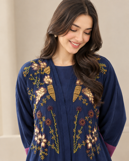 Navy Exquisite Handwork Abaya with Matching Inner and Hijab (Poka Fabric)