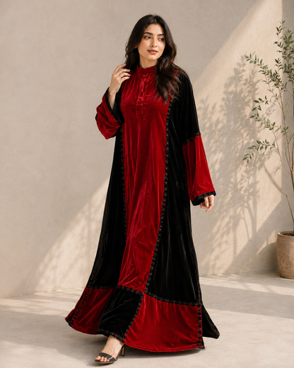 Red & Black Luxe Velvet Color-Block Abaya