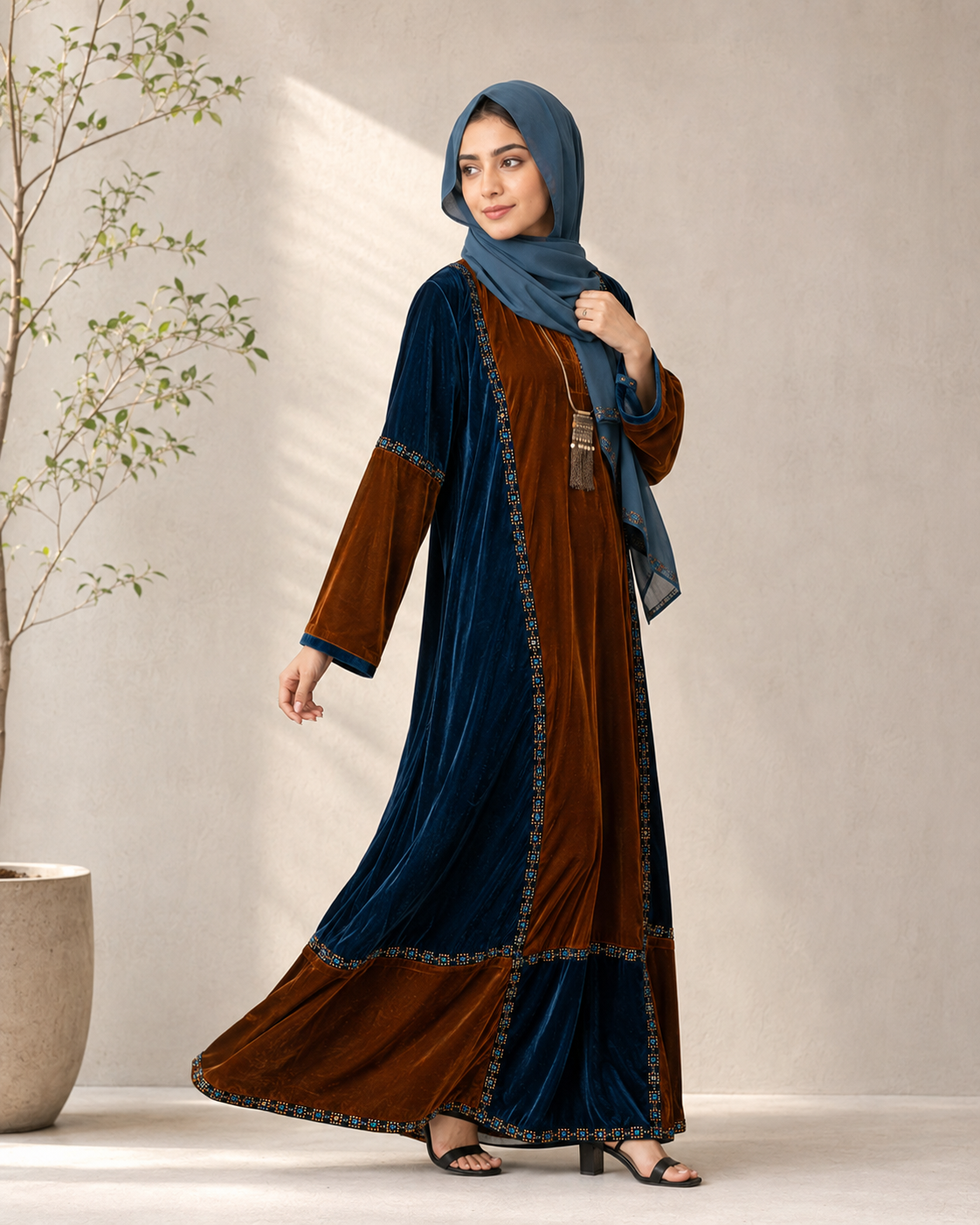 Peacock & Chocolate Luxe Velvet Color-Block Abaya