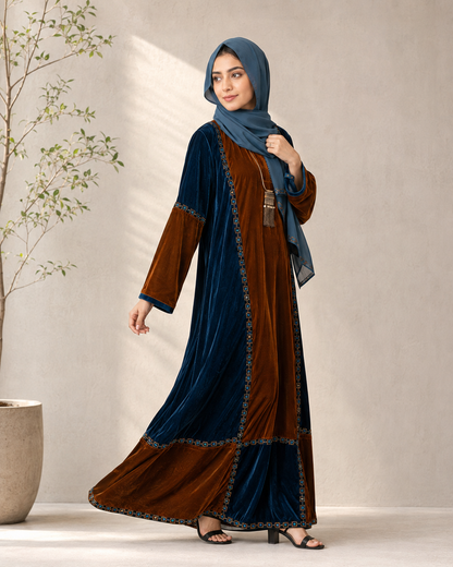 Peacock & Chocolate Luxe Velvet Color-Block Abaya