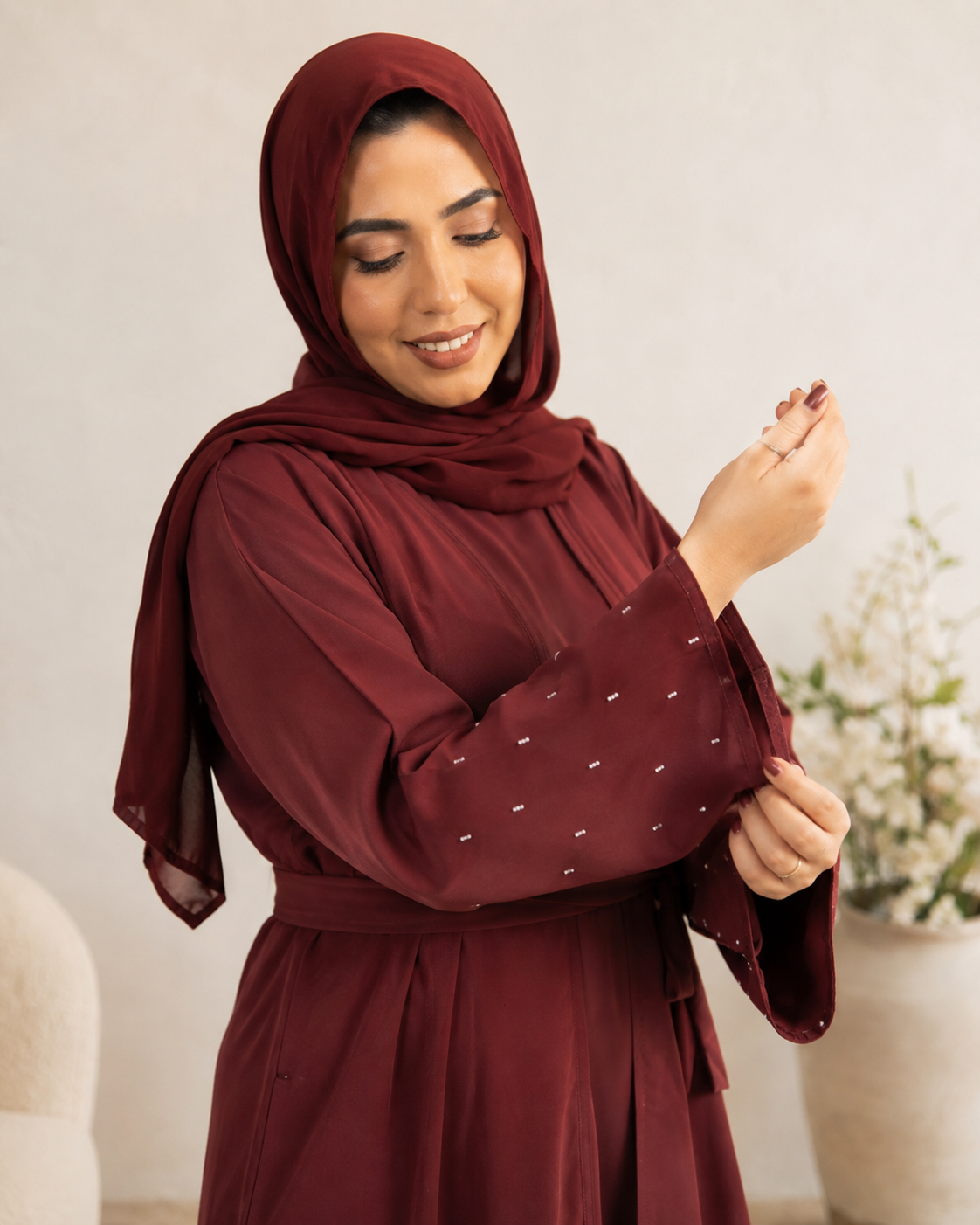 Stylish Maroon Double-Layer 3-Piece Abaya with Beaded Handwork