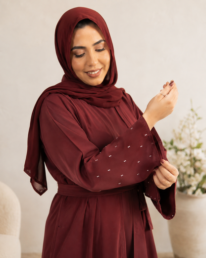 Stylish Maroon Double-Layer 3-Piece Abaya with Beaded Handwork