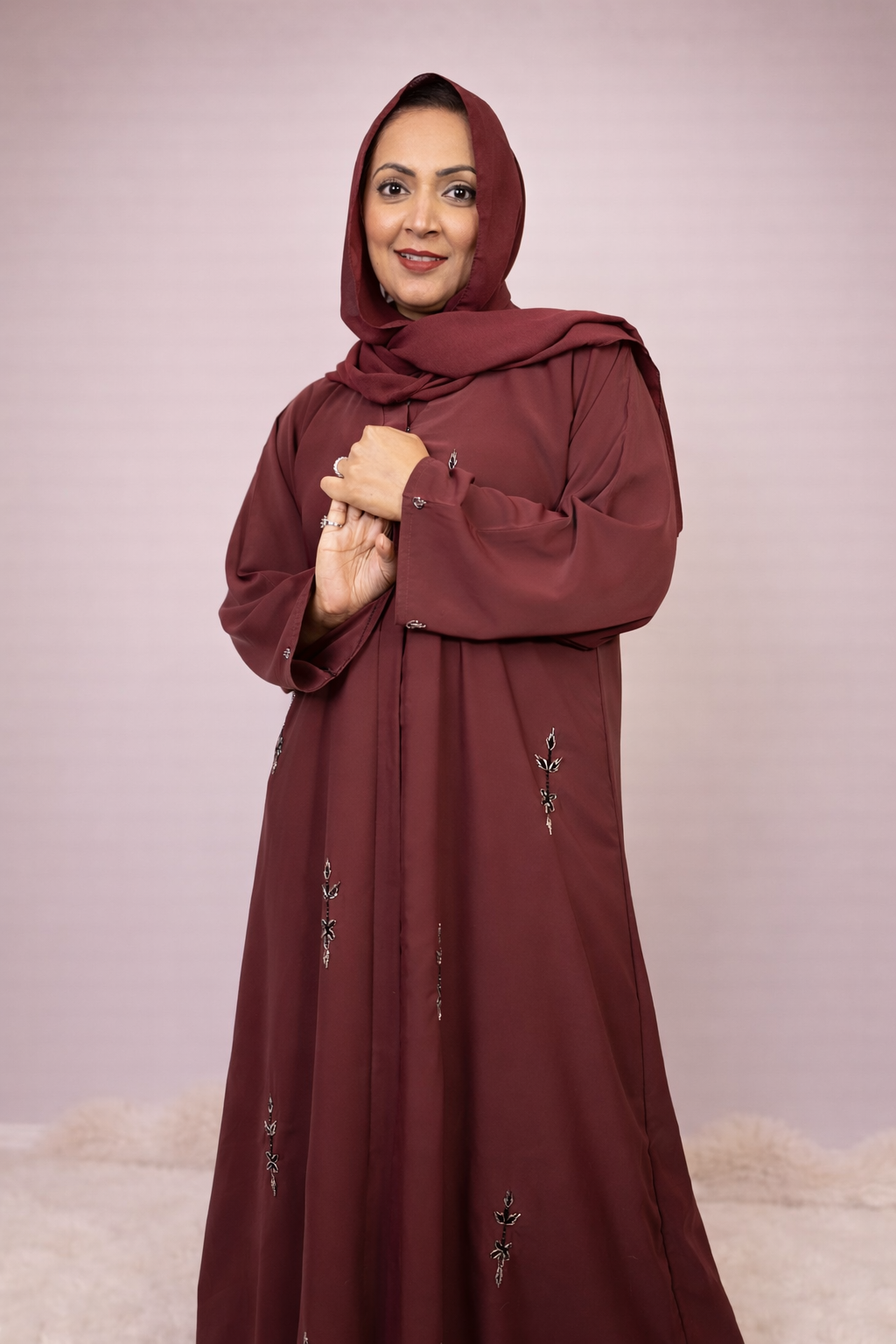Maroon Majesty Leafy Embellished Abaya Set (3-Piece)