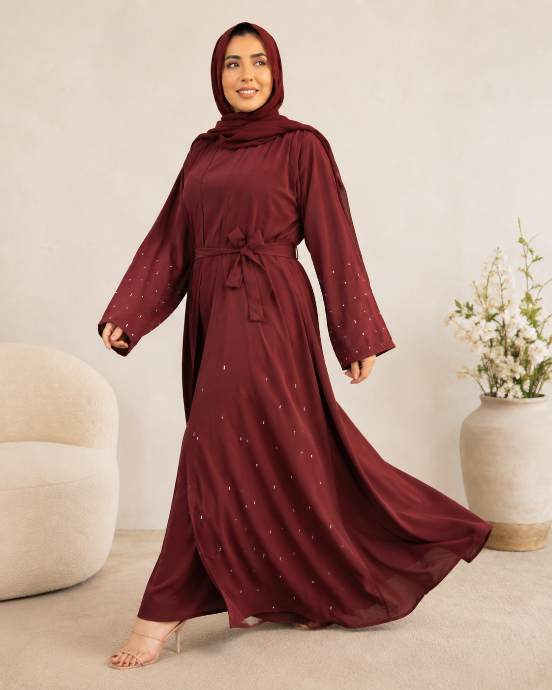 Stylish Maroon Double-Layer 3-Piece Abaya with Beaded Handwork