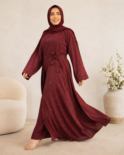 Stylish Maroon Double-Layer 3-Piece Abaya with Beaded Handwork