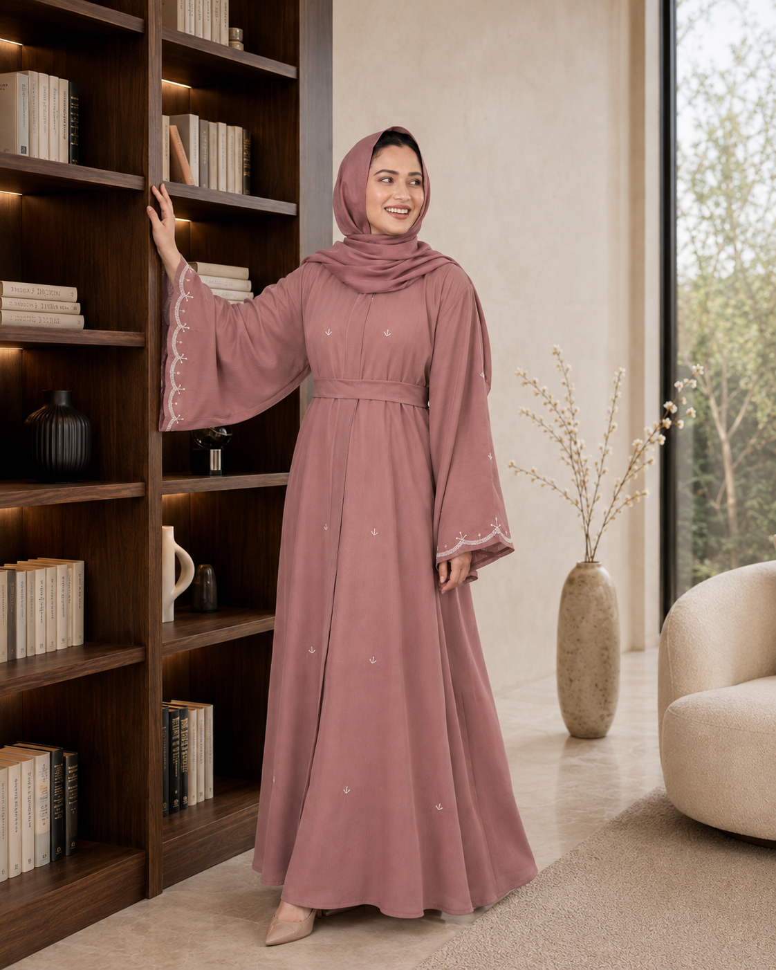 Mauve Umbrella-Cut Embellished Abaya Set (3-Piece)