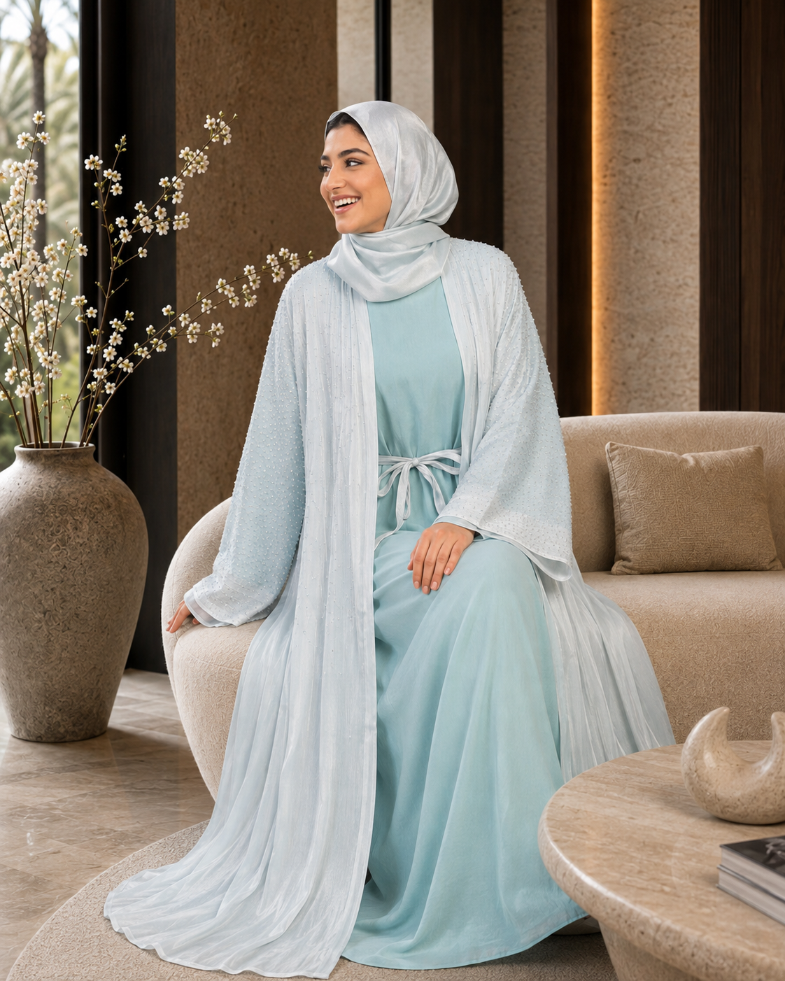 Light Pastel Blue Farasha-Style Flowy Abaya Set