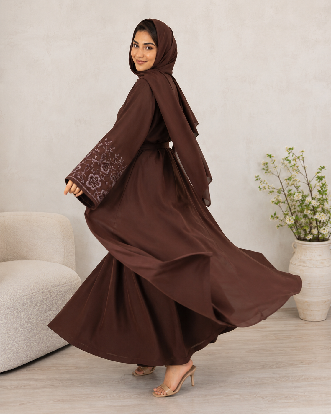 Dazzling Deep Brown Open-Front Abaya with Embroidered Sleeves & Belt