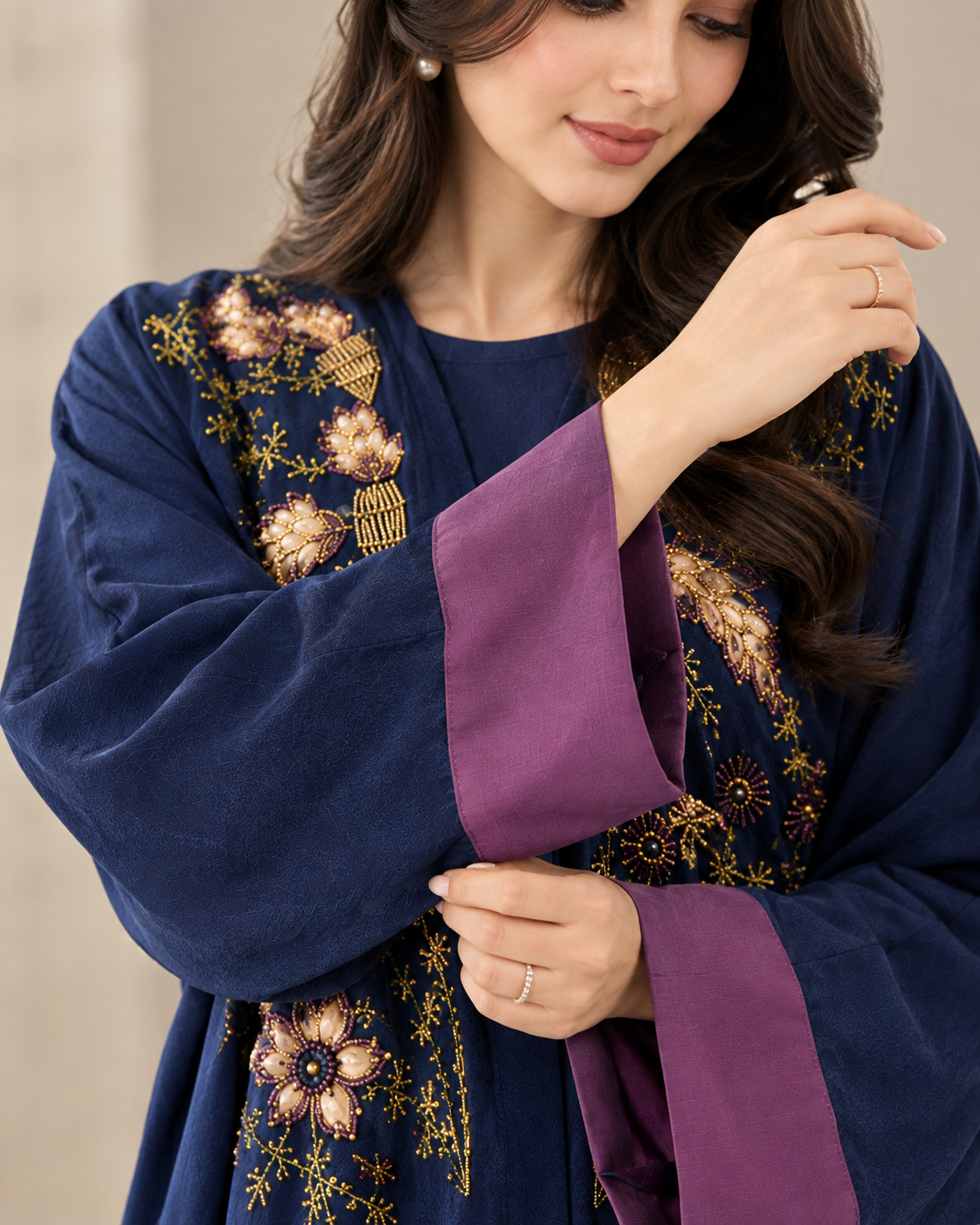 Navy Exquisite Handwork Abaya with Matching Inner and Hijab (Poka Fabric)