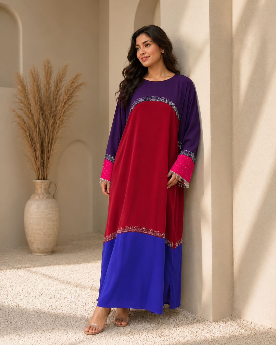Tricolor Poka Fabric Dress Abaya with Stone Work and Lace Fringe