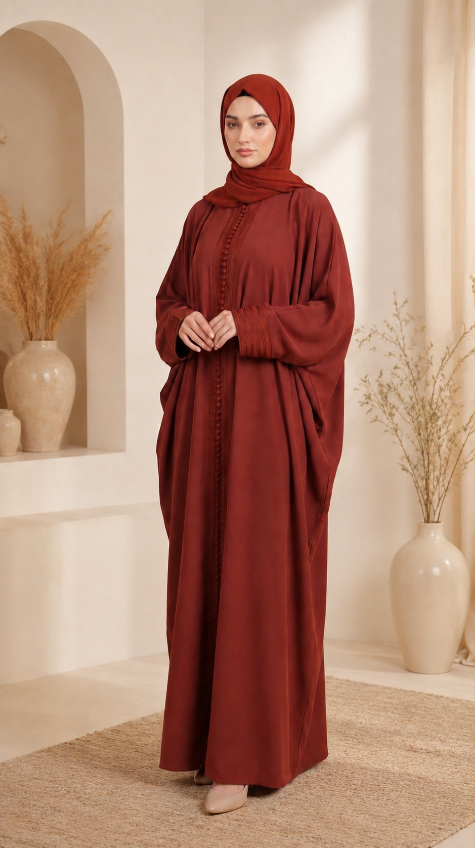 Terracotta Wine Moroccan Kaftan Style Abaya Dress in Poka Fabric