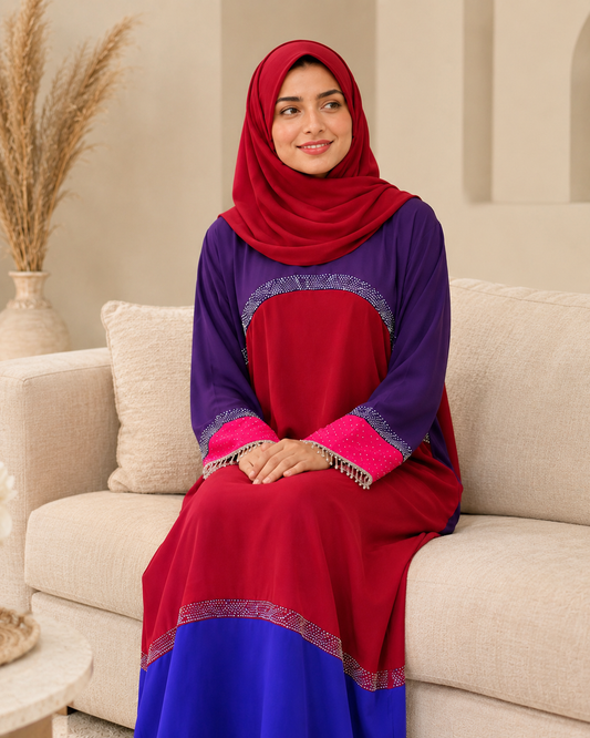 Tricolor Poka Fabric Dress Abaya with Stone Work and Lace Fringe