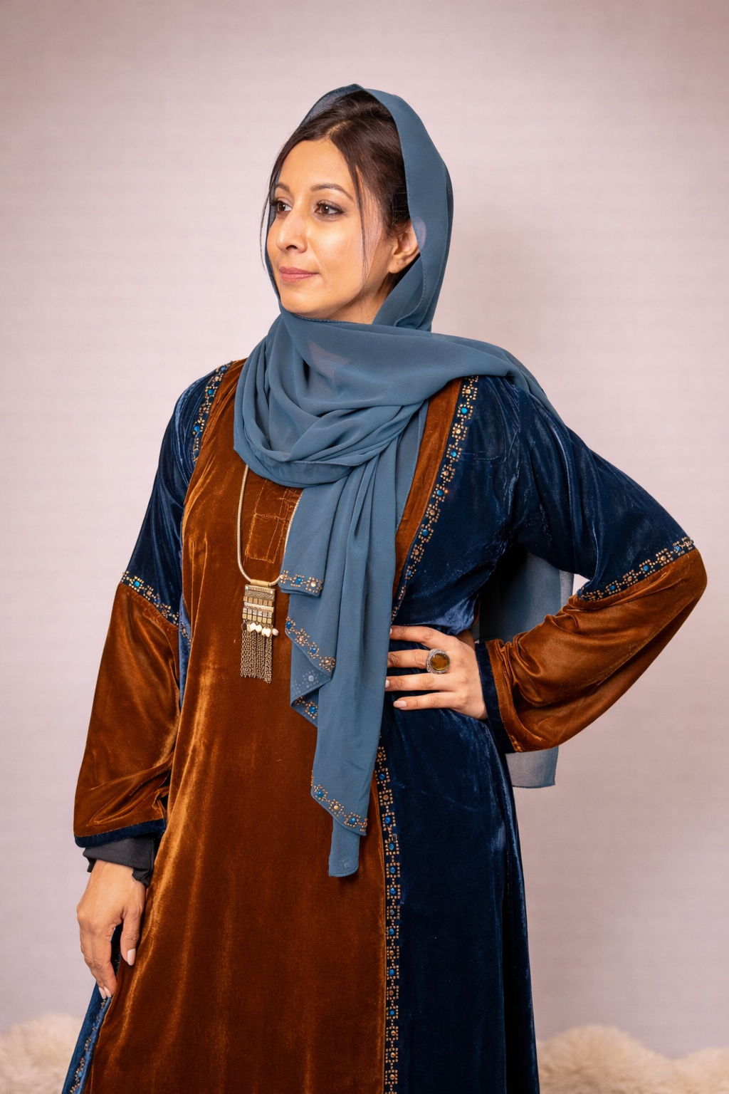 Peacock & Chocolate Luxe Velvet Color-Block Abaya