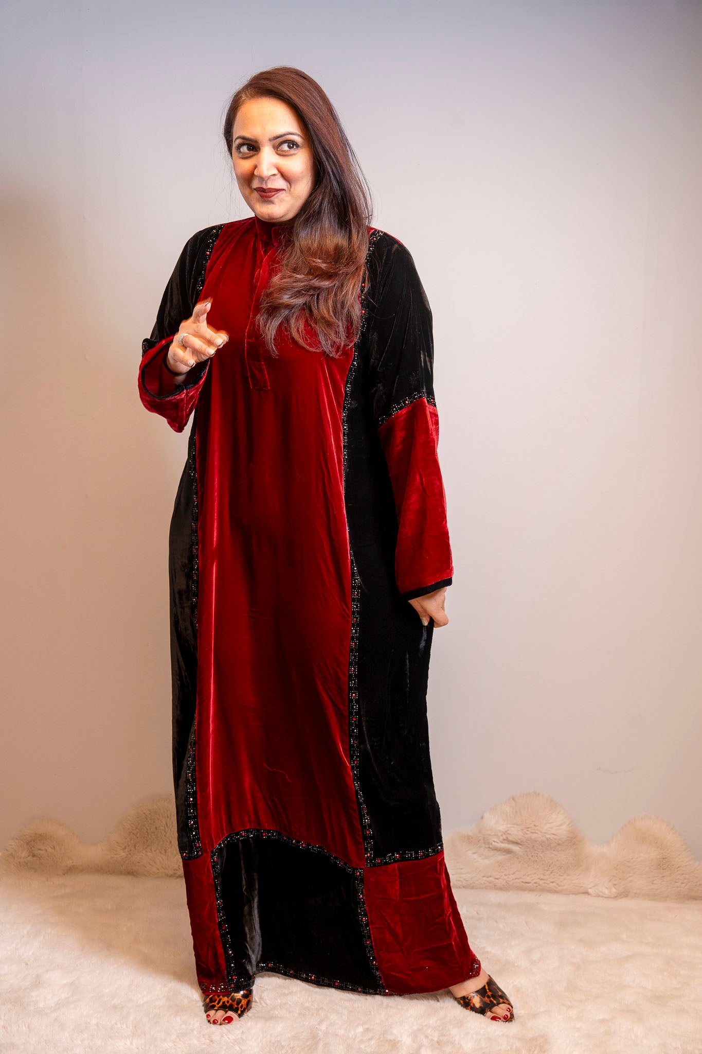 Red & Black Luxe Velvet Color-Block Abaya