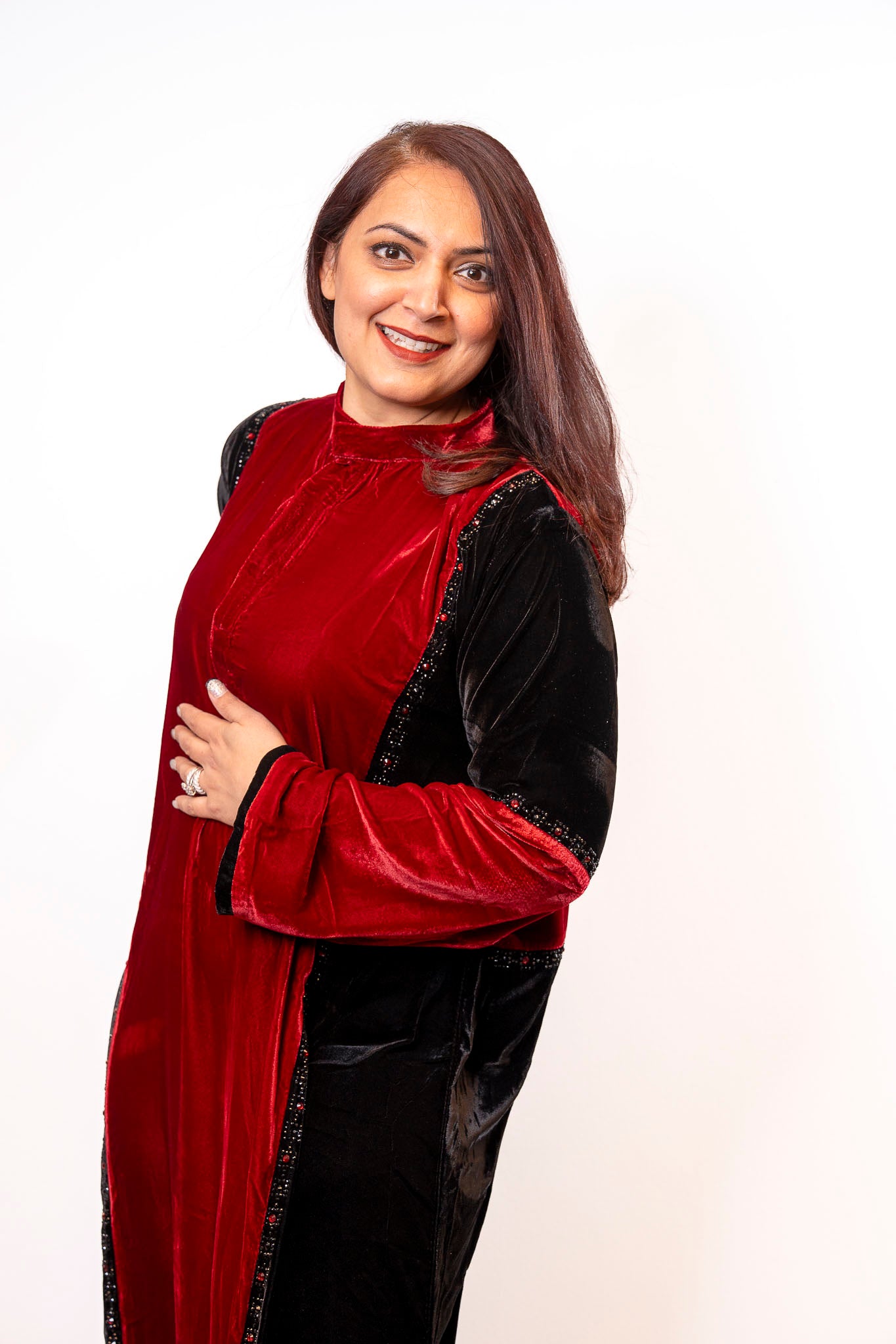 Red & Black Luxe Velvet Color-Block Abaya