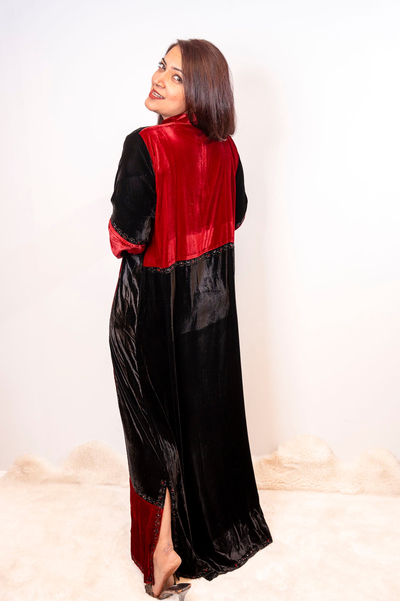 Red & Black Luxe Velvet Color-Block Abaya