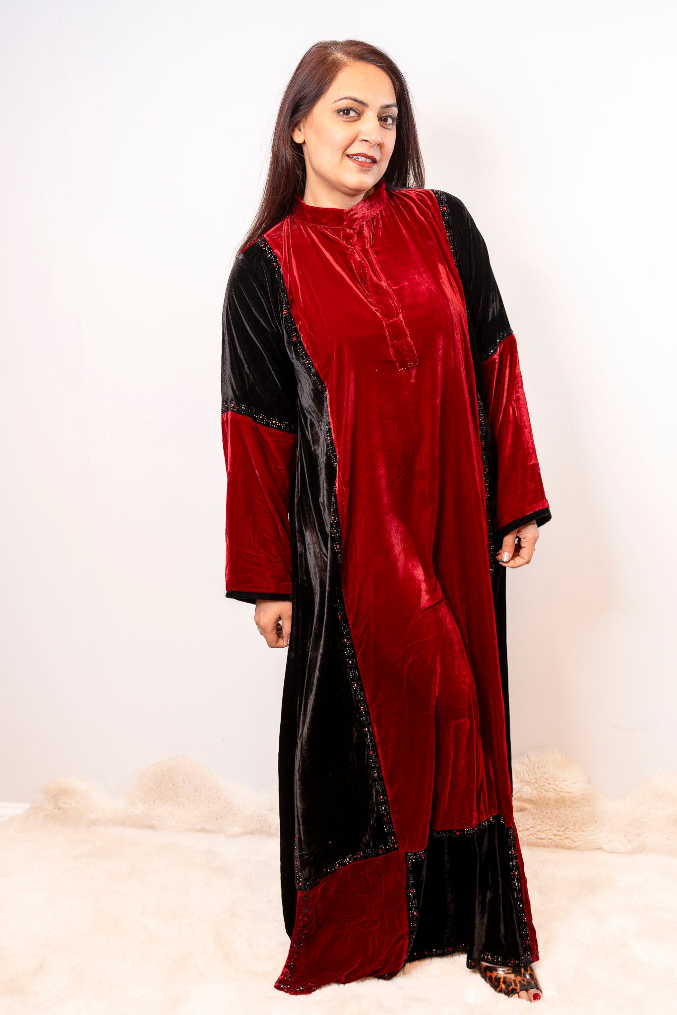 Red & Black Luxe Velvet Color-Block Abaya
