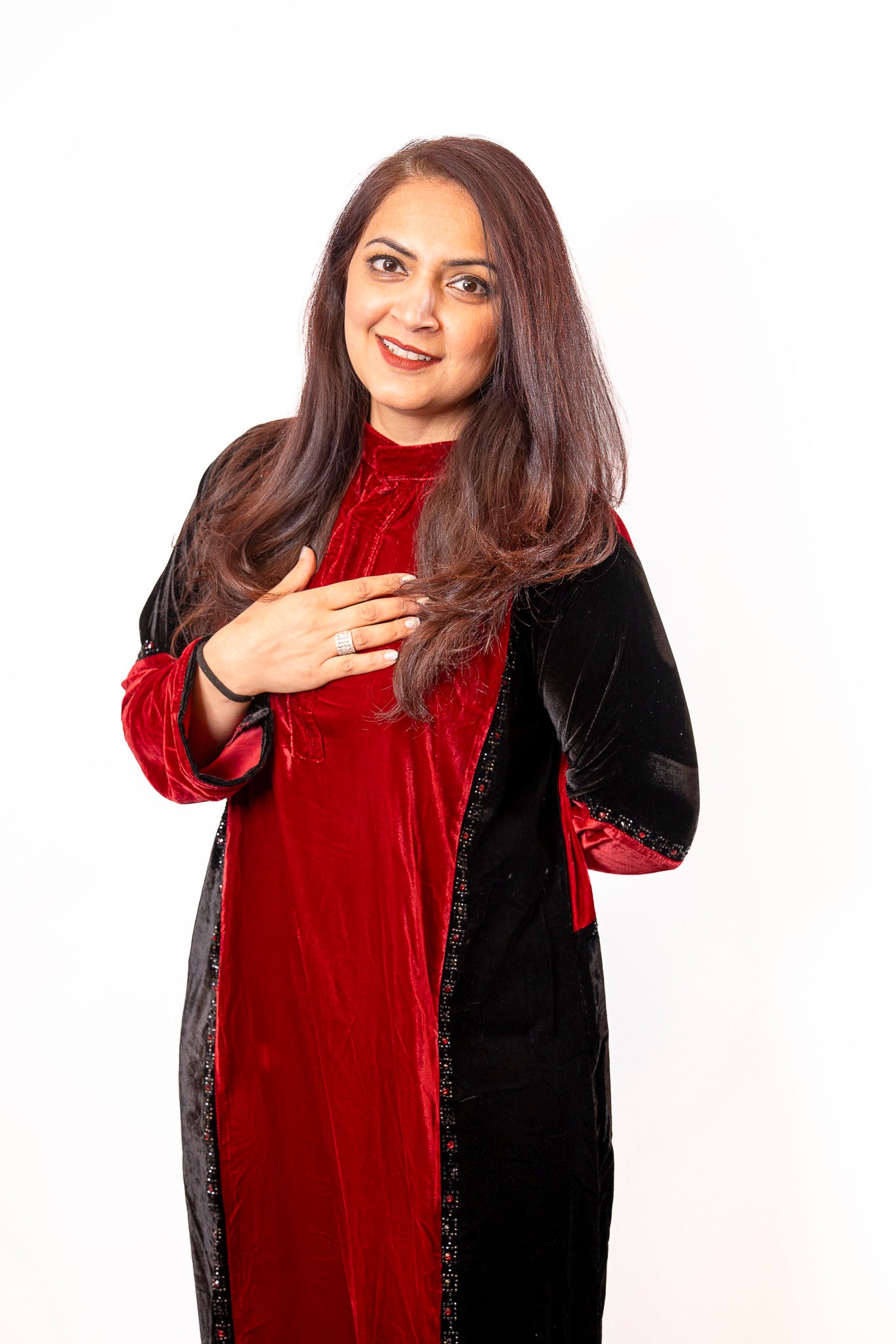 Red & Black Luxe Velvet Color-Block Abaya