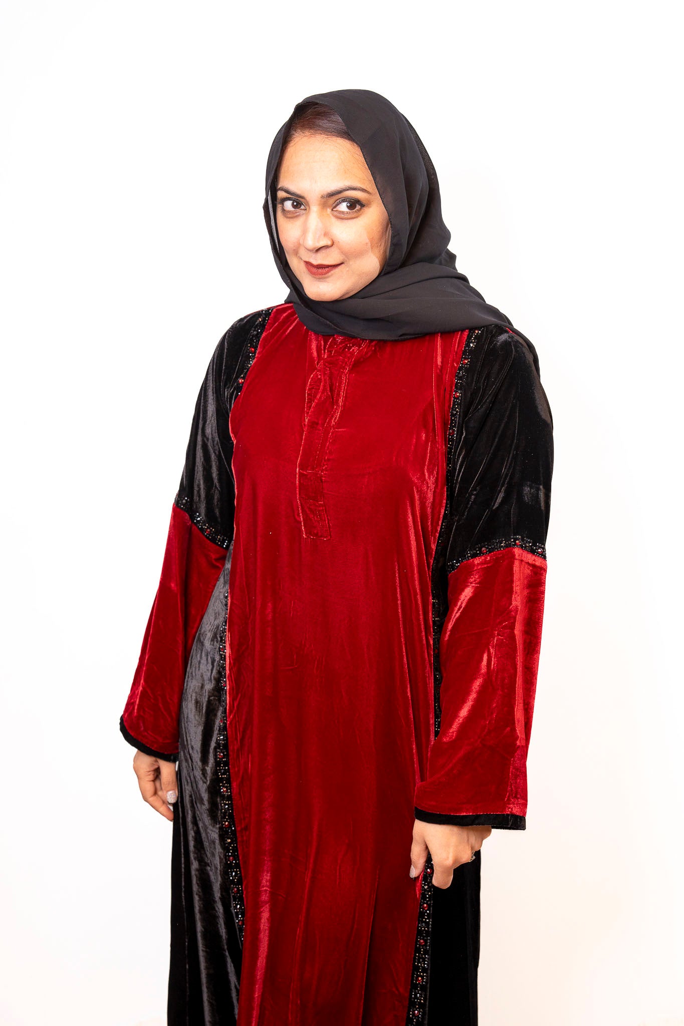 Red & Black Luxe Velvet Color-Block Abaya