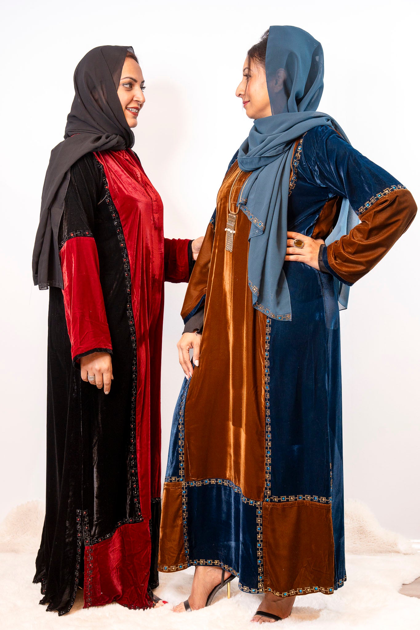 Peacock & Chocolate Luxe Velvet Color-Block Abaya