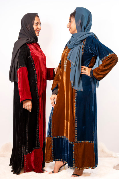 Peacock & Chocolate Luxe Velvet Color-Block Abaya