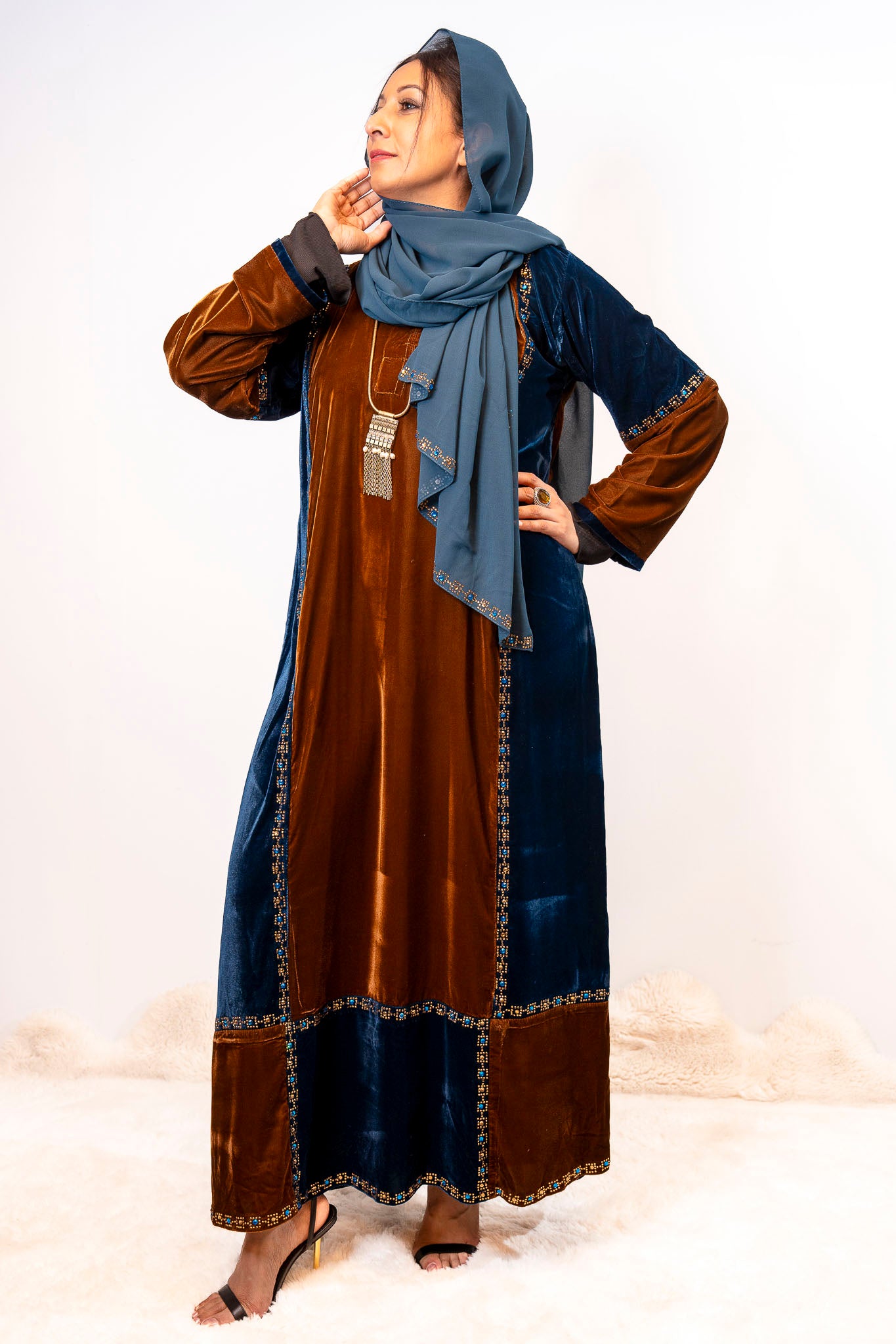 Peacock & Chocolate Luxe Velvet Color-Block Abaya