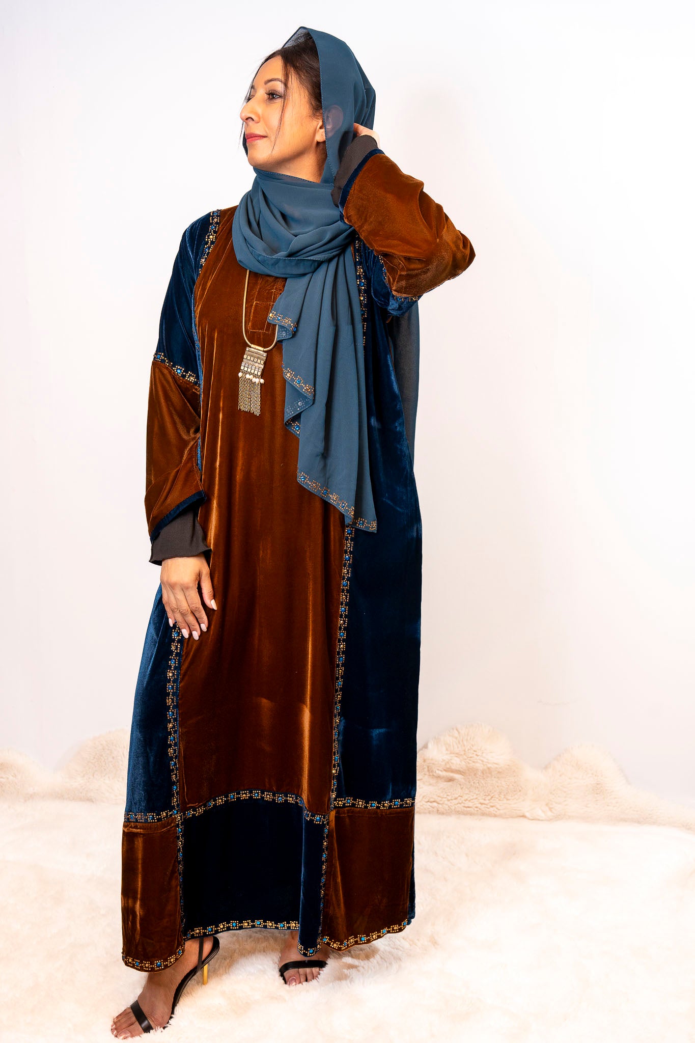 Peacock & Chocolate Luxe Velvet Color-Block Abaya