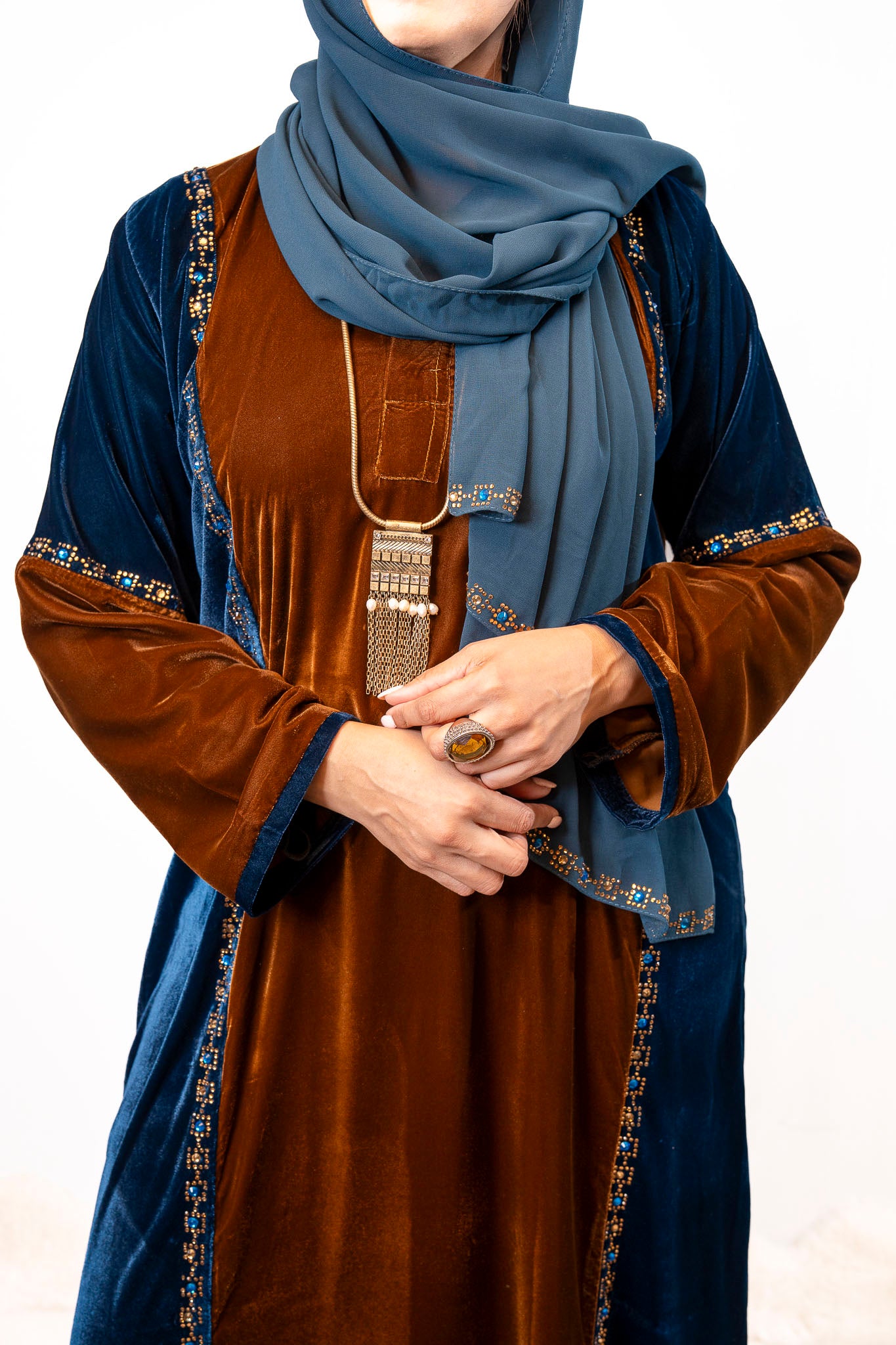 Peacock & Chocolate Luxe Velvet Color-Block Abaya