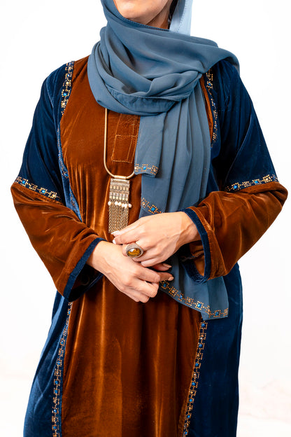 Peacock & Chocolate Luxe Velvet Color-Block Abaya